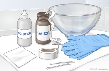 Supplies needed to pack a wound: Gauze, clean bowl, gloves, wetting solution, tape, dressing, cotton swabs