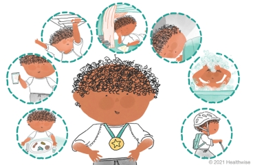 Hamid wears a medal, surrounded by examples of his healthy choices.