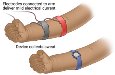 Electrodes connected to the arm to produce sweat, and a device on the arm that collects sweat.