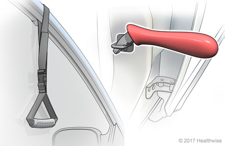 Placement of strap on top of car door window frame and grab bar in latch on car body door frame.