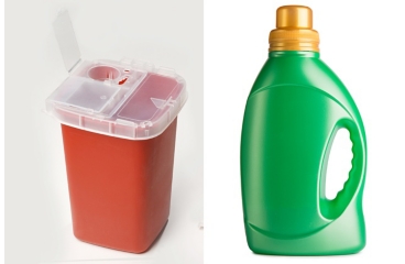 Disposal containers made from rigid, heavy-duty plastic for needles and other sharps.