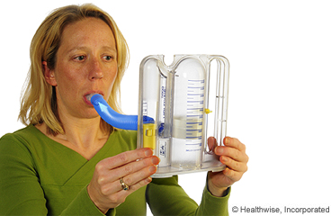 Woman using incentive spirometer