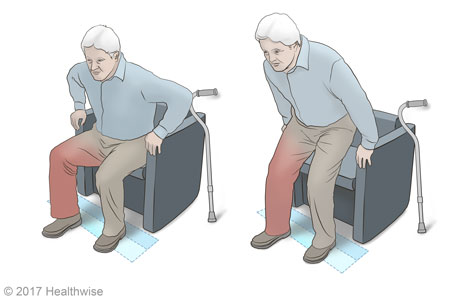 Getting up from a chair with a cane.
