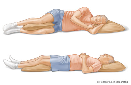 Persona durmiendo de costado y boca arriba, usando almohadas para apoyar las piernas.