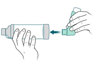 Mouthpiece of inhaler being placed into spacer.