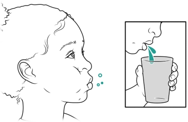 Child rinsing mouth and spitting into cup.