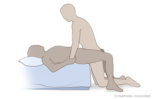 Partner lying on bed, feet on the floor, with person kneeling between their legs.