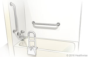 Bathtub with grab bars and tub rail.