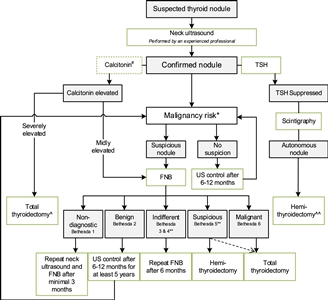 Flowchart showing the initial evaluation, treatment, and follow-up of pediatric thyroid nodules.