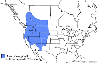 La garrapata de Colorado se encuentra en Arizona, Nuevo México, Nevada, California, Colorado, Utah, Wyoming, Idaho, Montana, Oregón, Washington, Columbia Británica, Alberta y Saskatchewan