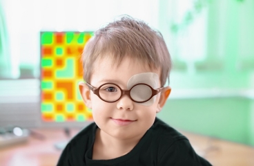 Niño con anteojos y un parche sobre el ojo dominante para tratar la ambliopía.