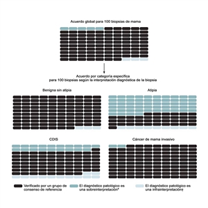 El gráfico muestra los resultados previstos de 100 biopsias de mama: global y por categoría diagnóstica.