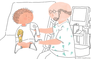 The nurse puffs air into the band around Hank's arm The nurse puffs air into the band around Hank's arm