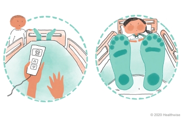 Bed controller with buttons, and Frances in grippy socks Bed controller with buttons, and Frances in grippy socks