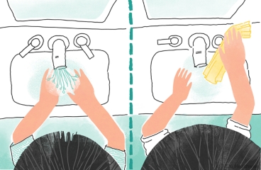Kal rinses his hands, and Hollis uses a towel to turn off the water. Kal rinses his hands, and Hollis uses a towel to turn off the water.