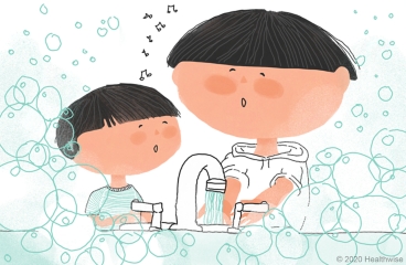 Hollis and Kal sing and scrub their hands. Hollis and Kal sing and scrub their hands.