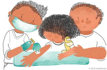The nurse holds a cotton ball on Bea's arm after taking out the needle. The nurse holds a cotton ball on Bea's arm after taking out the needle.