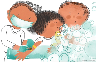 Bea blows bubbles with her dad while the poke happens. Bea blows bubbles with her dad while the poke happens.