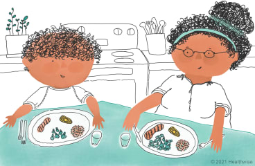 Hamid and his mom eat lots of different colored foods.