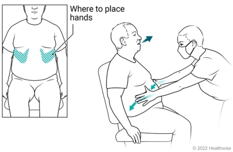 Caregiver doing costophrenic assist to person sitting in chair, showing hands placed on lower rib cage and pushing down and in.