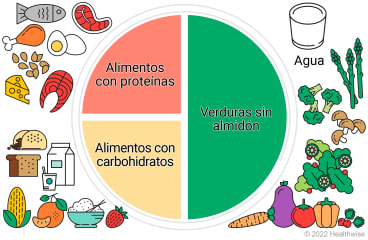 Método del plato de muestra para la diabetes, que presenta un plato con medio plato de verduras sin almidón, un cuarto de plato de alimentos con proteínas y un cuarto de plato de alimentos con carbohidratos.