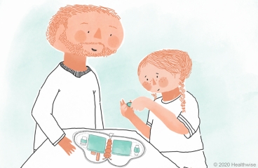 Dani tests her blood sugar, with dad watching Dani tests her blood sugar, with dad watching