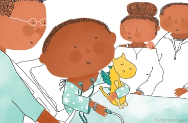 Saul in hospital bed, with his parents and nurse standing next to it Saul in hospital bed, with his parents and nurse standing next to it