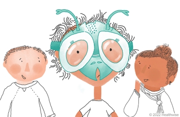 Georgie wears a bug mask. Georgie wears a bug mask.