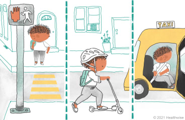 Hamid stops at a crosswalk, rides his scooter, and sits in a taxi. Hamid stops at a crosswalk, rides his scooter, and sits in a taxi.