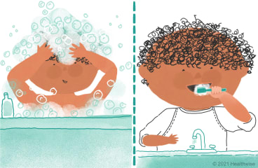 Hamid washes his hair and brushes his teeth. Hamid washes his hair and brushes his teeth.