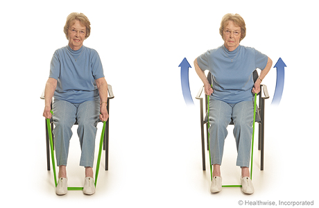 Seated exercise: Rowing with elastic bands. Seated exercise: Rowing with elastic bands.