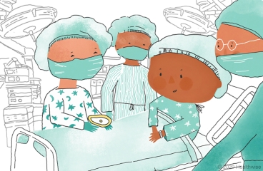Saúl en la sala de operaciones, con las doctoras y el enfermero, todos con mascarillas Saúl en la sala de operaciones, con las doctoras y el enfermero, todos con mascarillas