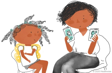 Sofía señala su brazo derecho mientras su mamá sostiene libros entre los que elegir Sofía señala su brazo derecho mientras su mamá sostiene libros entre los que elegir