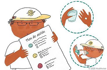 Arthur sostiene su plan para el asma, mientras piensa en la pastilla que toma y el inhalador que usa Arthur sostiene su plan para el asma, mientras piensa en la pastilla que toma y el inhalador que usa