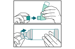 Persona que reemplaza las tapas del inhalador y de la cámara de inhalación. Persona que reemplaza las tapas del inhalador y de la cámara de inhalación.