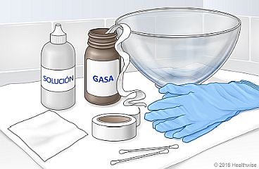 Suministros necesarios para taponar una herida: Gasa, un bol limpio, guantes, solución humectante, cinta adhesiva, una venda, hisopos de algodón Suministros necesarios para taponar una herida: Gasa, un bol limpio, guantes, solución humectante, cinta adhesiva, una venda, hisopos de algodón