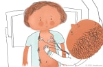 Jeff puts little stickers on Elsie's chest and arm