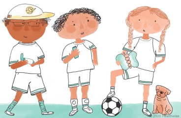 Dani holds her kit on the soccer field, with Kate and Arthur. Dani holds her kit on the soccer field, with Kate and Arthur.