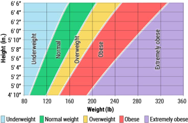 Body mass index chart, calculating BMI based on height and weight