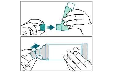 Person replacing caps on inhaler and spacer.
