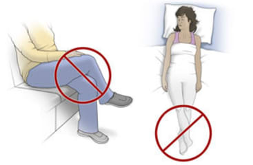 Two examples of wrong ways to cross legs after hip surgery, both sitting and in bed