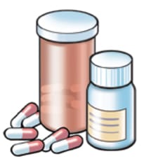 Two bottles of medicine and some loose pills.