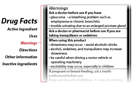 Example of the Warnings section of an over-the-counter Drug Facts label