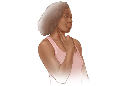 Taking pulse on side of neck using first two fingers