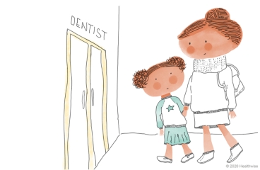 Darby y su mamá van caminando al consultorio del dentista.