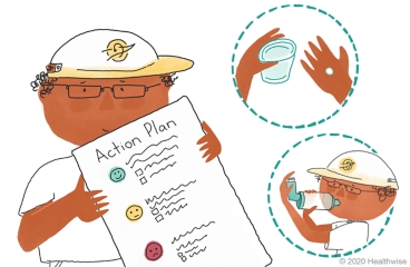 Arthur sostiene su plan contra el asma, pensando en la pastilla que toma y el inhalador que utiliza