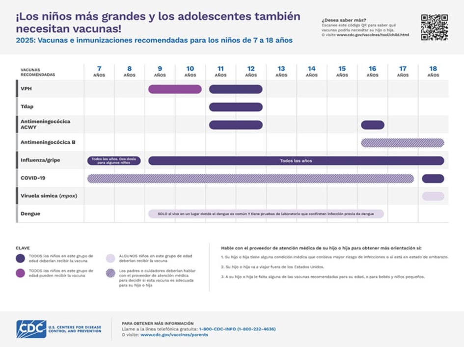 Vacunas recomendadas para los niños desde                                           los 7 hasta los 18 años de edad (página 1)