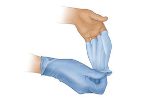 Comience en la zona del puño y sáquese el guante de manera que se dé la vuelta