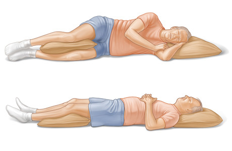 Person sleeping on their side and on their back, using pillows to support the legs.