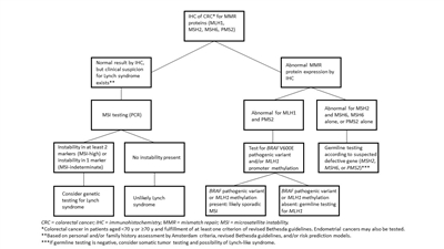 Flowchart showing a multi-step process for evaluating an individual with colorectal cancer for Lynch syndrome.